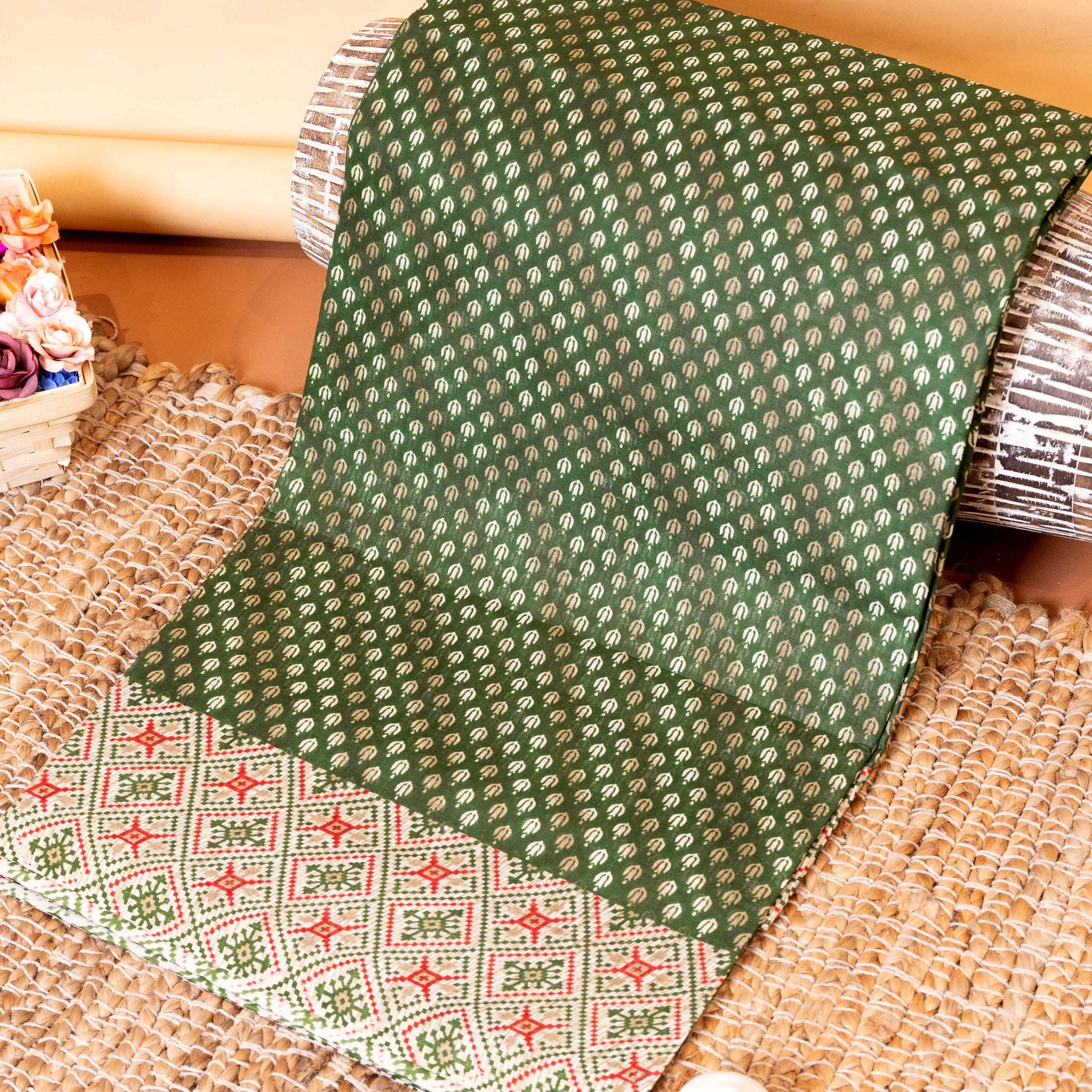 Elegant Intricate Voile Cotton Saree with Geometric Border and All-Over Motif - Green