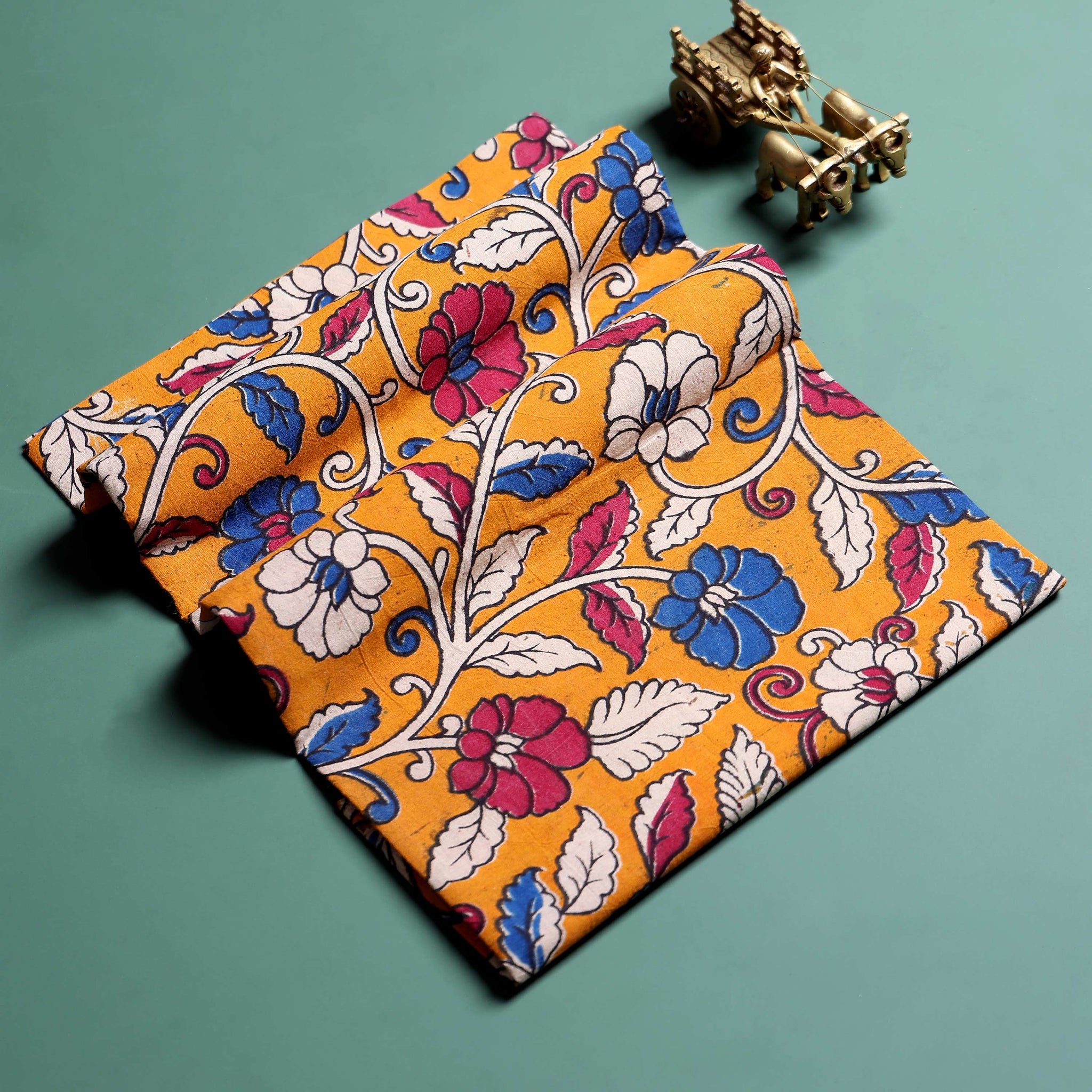 Elegant Kalamkari Floral Printed Women’s 1 Meter Blouse Material with Traditional Detailing - Yellow