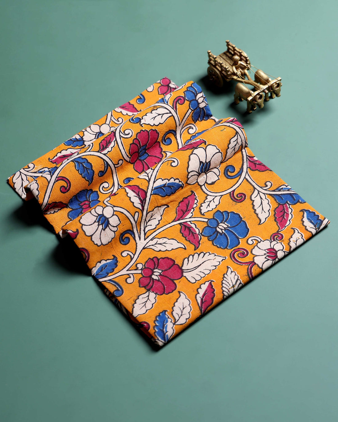 Elegant Kalamkari Floral Printed Women’s 1 Meter Blouse Material with Traditional Detailing - Yellow