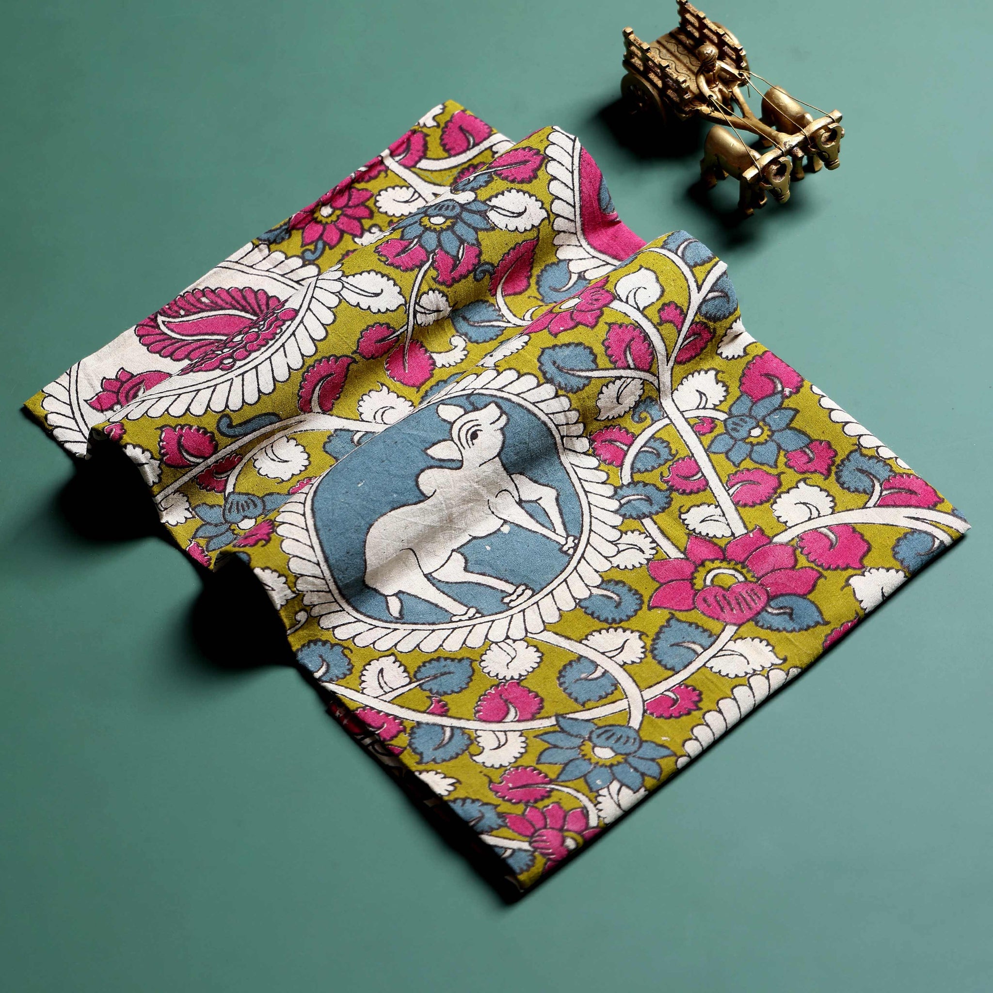 Elegant Kalamkari Style Women’s Blouse Material with Traditional Floral Pattern - Green