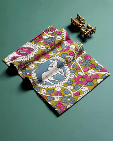 Elegant Kalamkari Style Women’s Blouse Material with Traditional Floral Pattern - Green