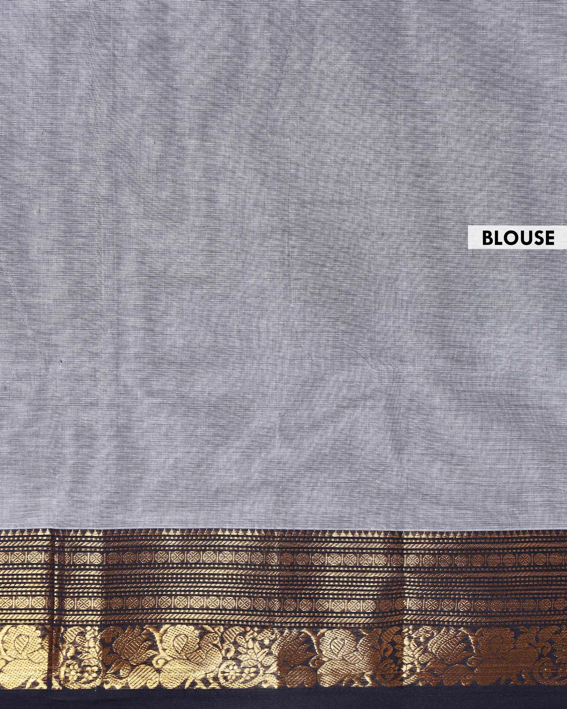Elegant Kanchi Cotton Saree with Horizontal Weave and Gold Zari Detailing - Grey-Blouse