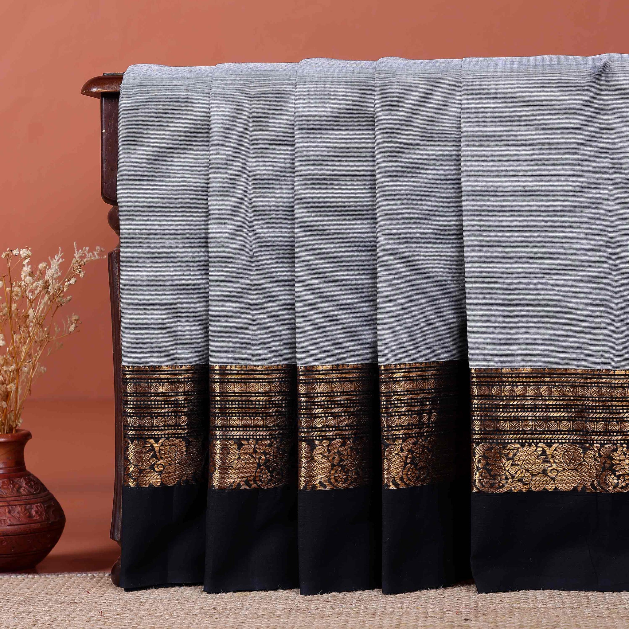 Elegant Kanchi Cotton Saree with Horizontal Weave and Gold Zari Detailing - Grey