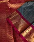 Elegant Kanchipuram Pure Silk Saree with Checked Body and Rich Traditional Zari Woven Border - Grey