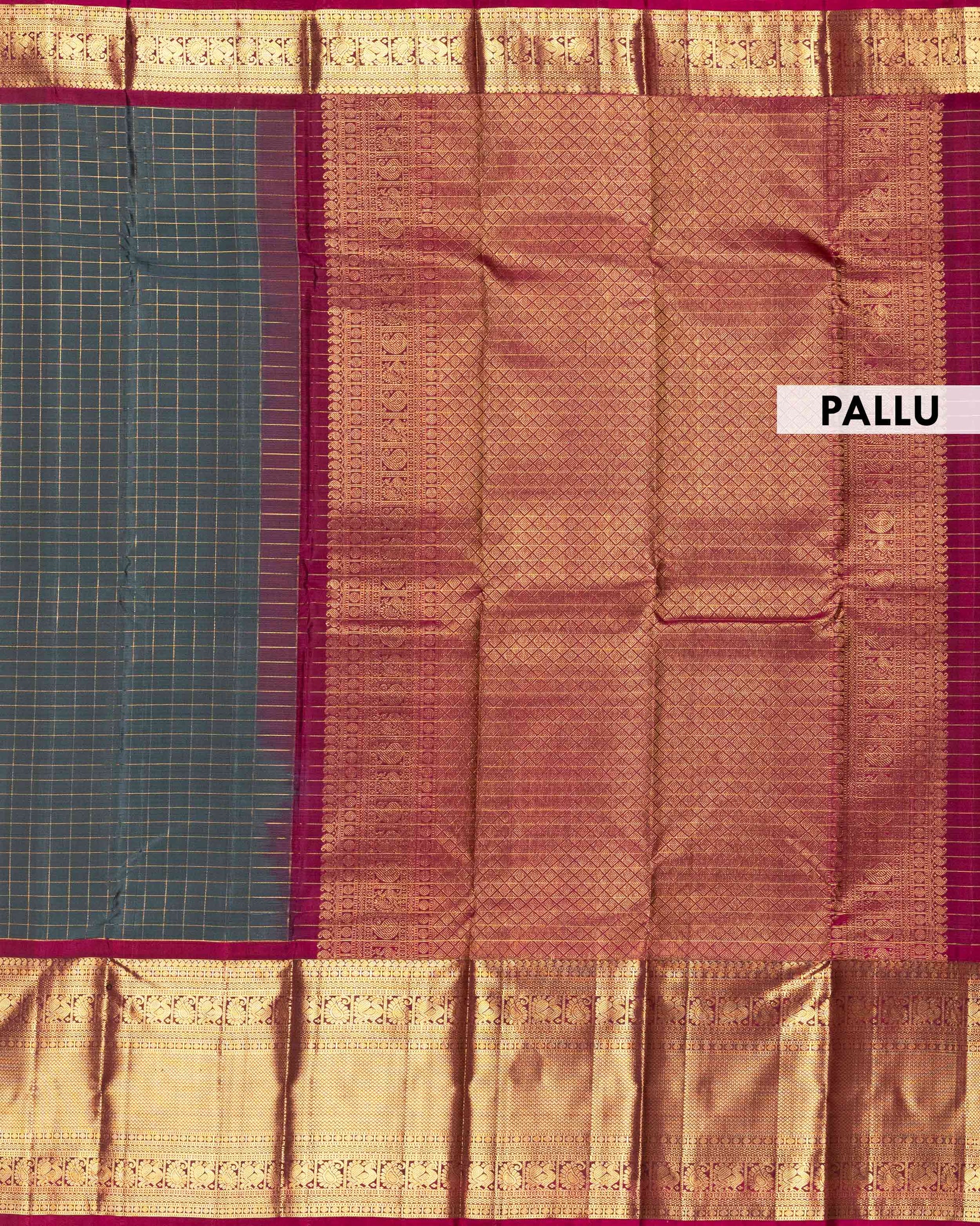 Elegant Kanchipuram Pure Silk Saree with Checked Body and Rich Traditional Zari Woven Border - Pallu