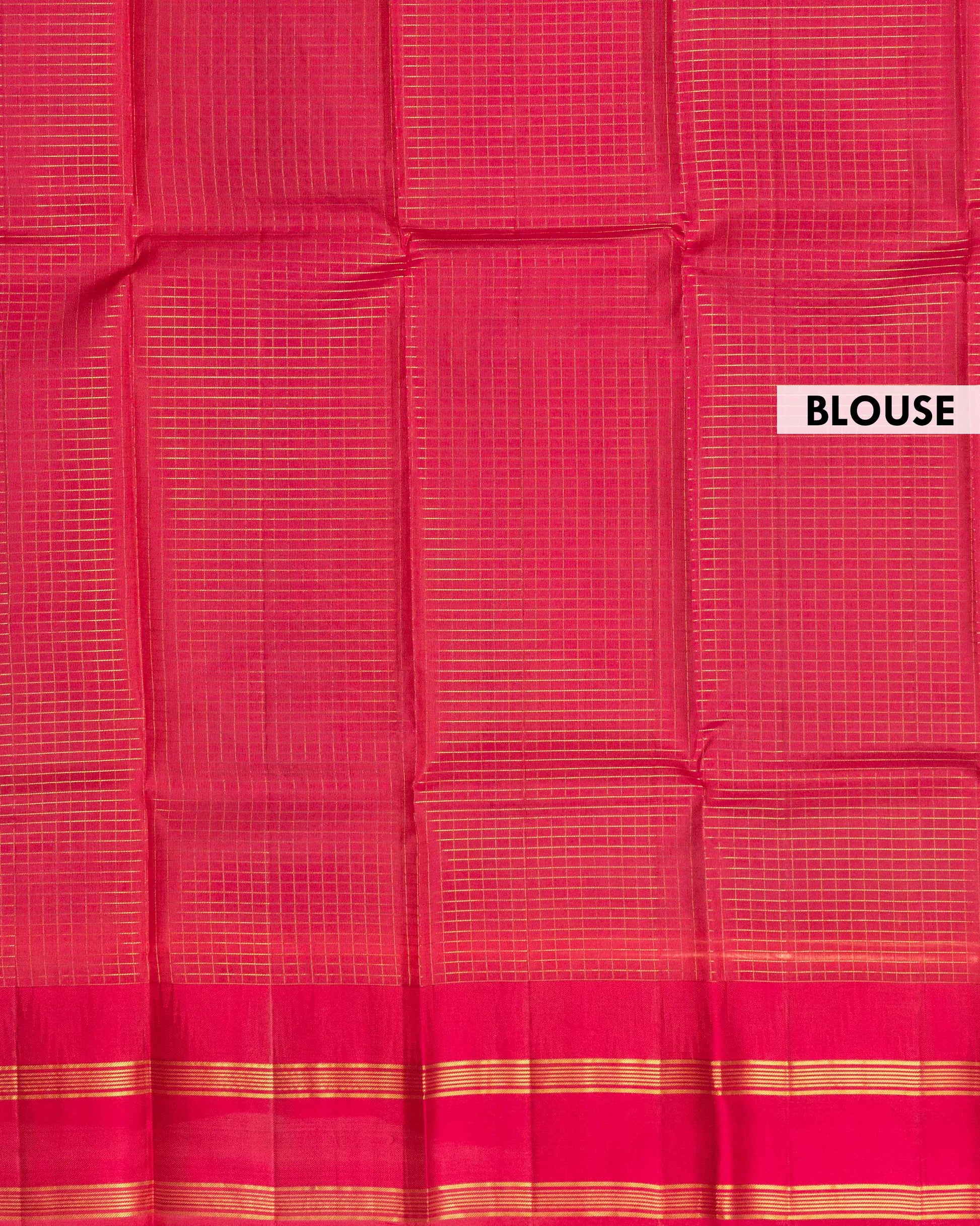 Elegant Kanchipuram Pure Silk Saree with Checked Body and Traditional Ikkat Inspired Zari Woven Border - Pink-Close Up