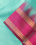 Elegant Kanchipuram Pure Silk Saree with Checked Body and Traditional Ikkat Inspired Zari Woven Border - Sky Blue-Close Up