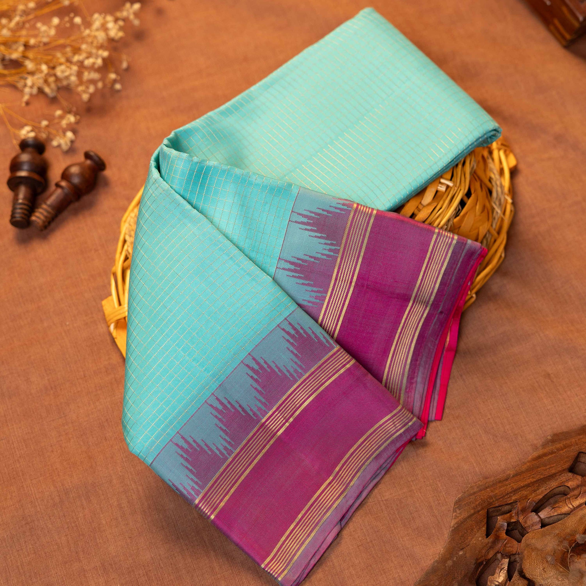 Elegant Kanchipuram Pure Silk Saree with Checked Body and Traditional Ikkat Inspired Zari Woven Border - Sky Blue