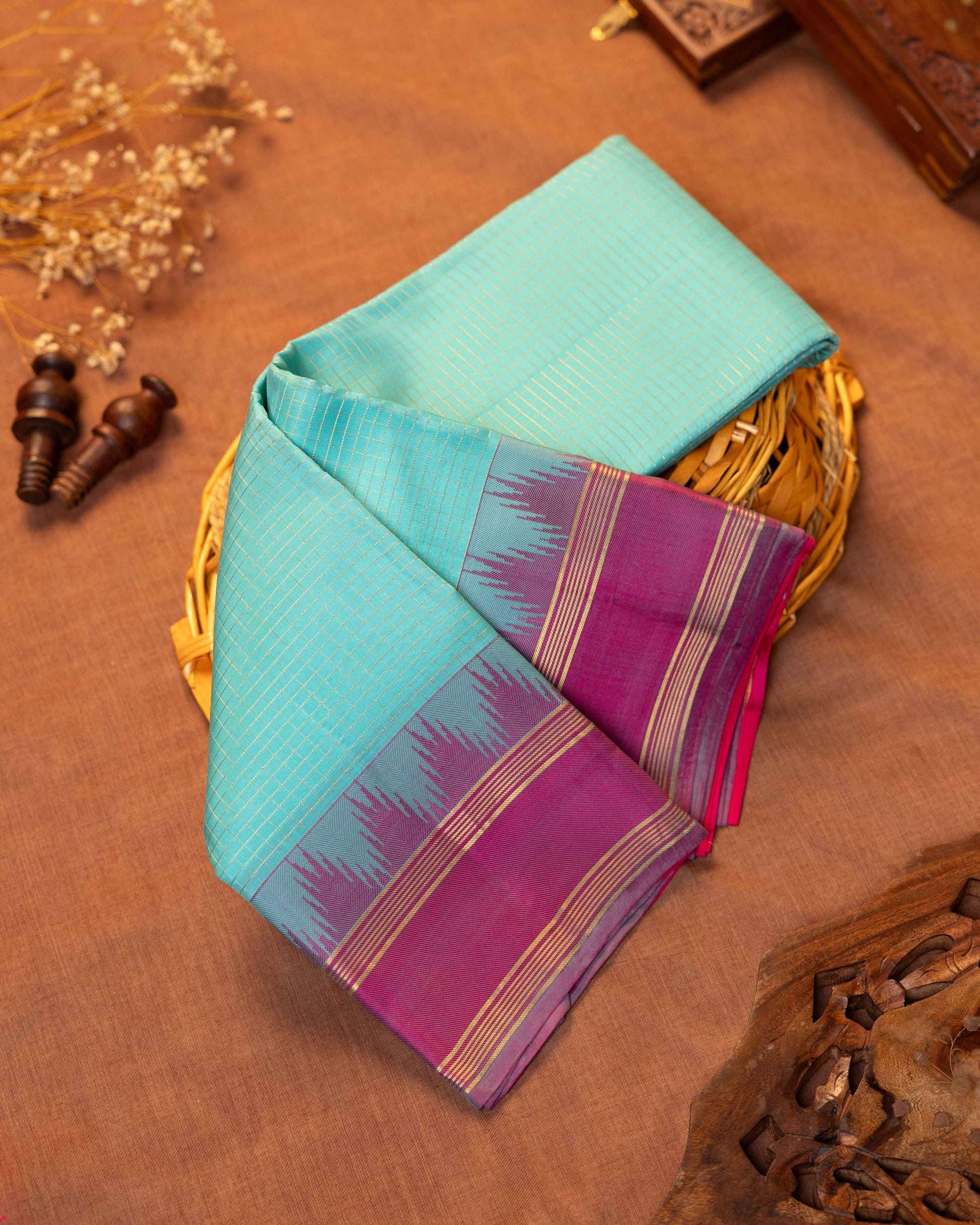 Elegant Kanchipuram Pure Silk Saree with Checked Body and Traditional Ikkat Inspired Zari Woven Border - Sky Blue