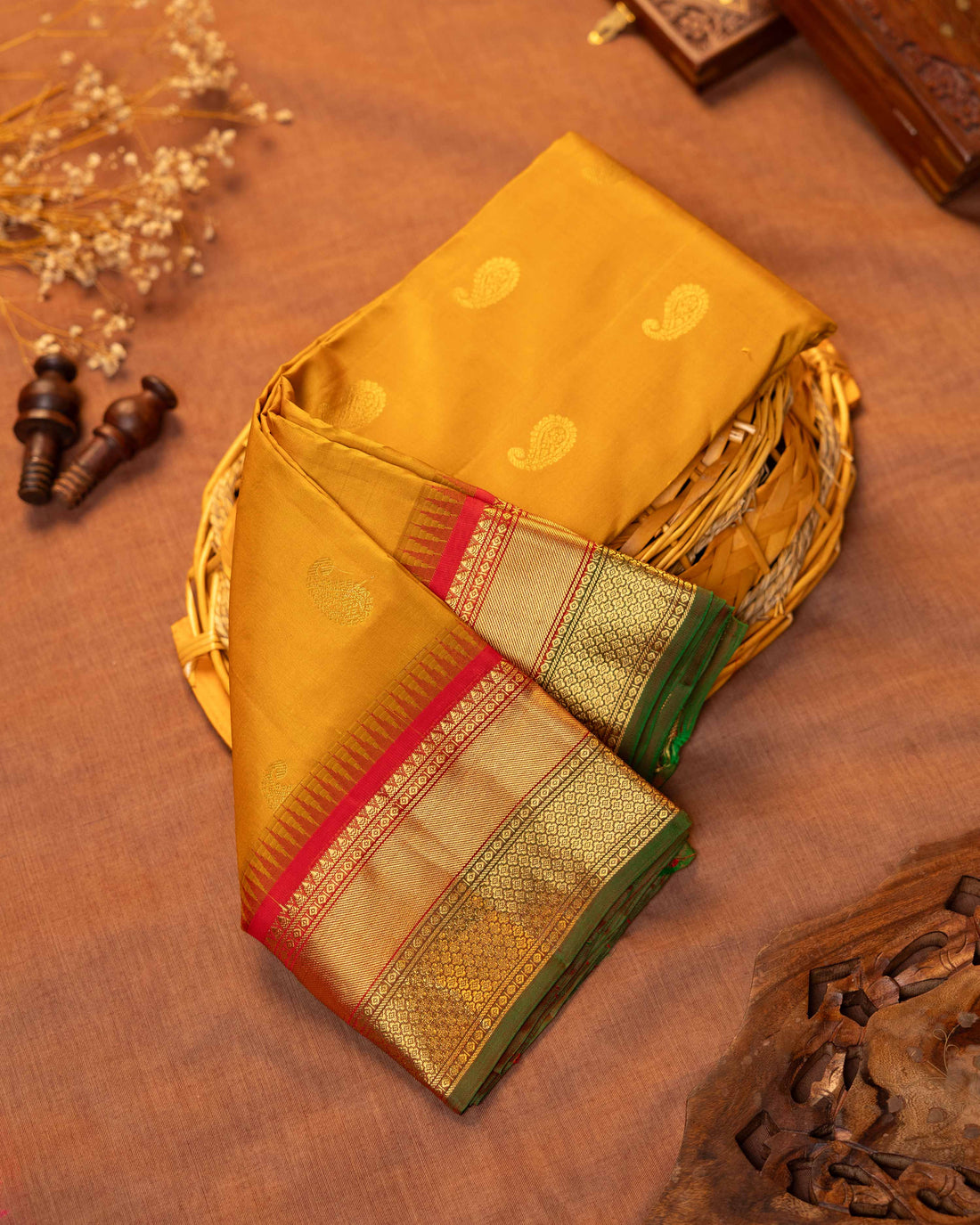 Elegant Kanchipuram Pure Silk Saree with Paisley Butta Weave and Traditional Contrast Zari Woven Border - Yellow
