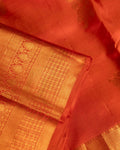 Elegant Kanchipuram Pure Silk Saree with Rich Zari Woven Border and Traditional Temple Motifs - Orange-Close Up