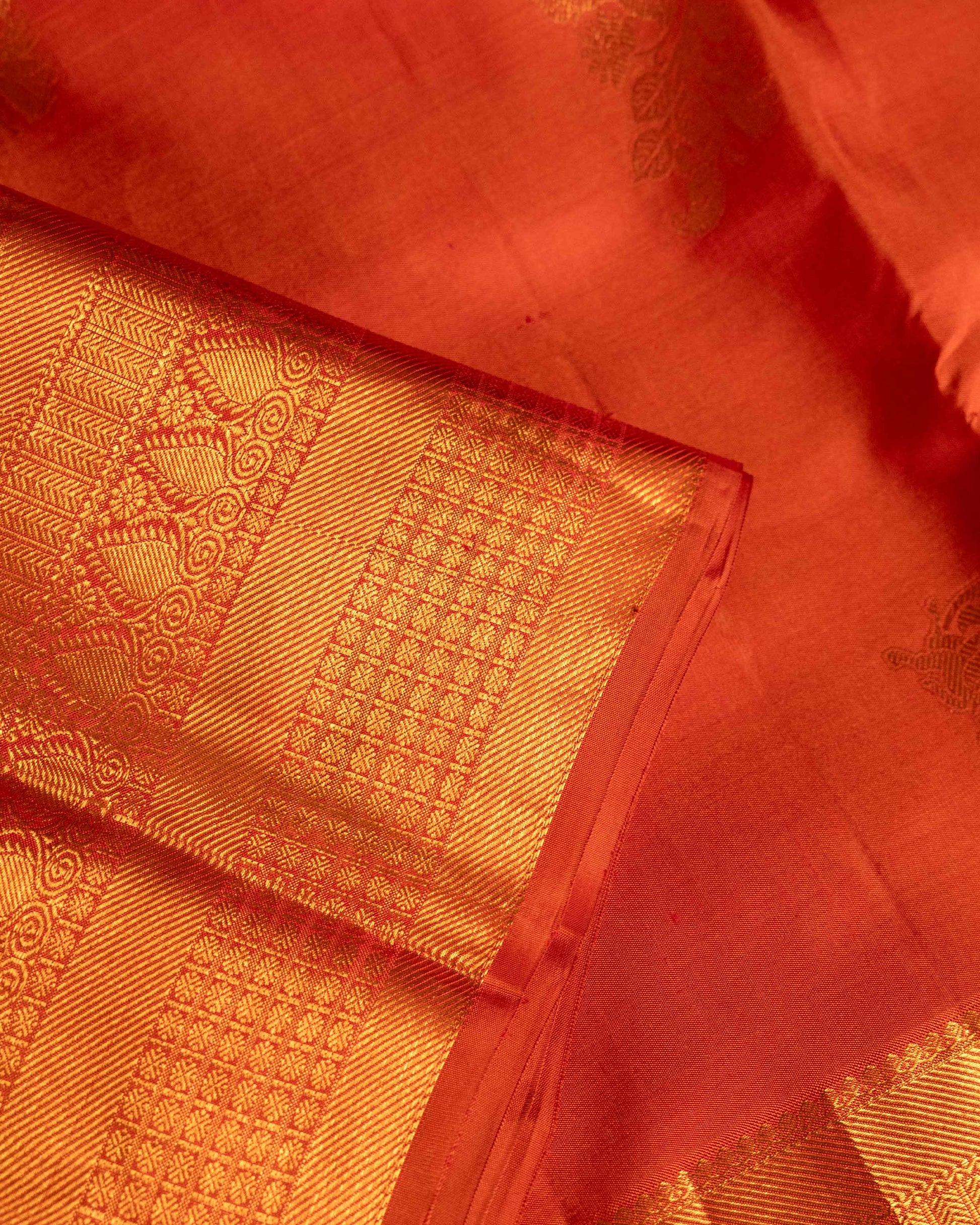 Elegant Kanchipuram Pure Silk Saree with Rich Zari Woven Border and Traditional Temple Motifs - Orange-Close Up
