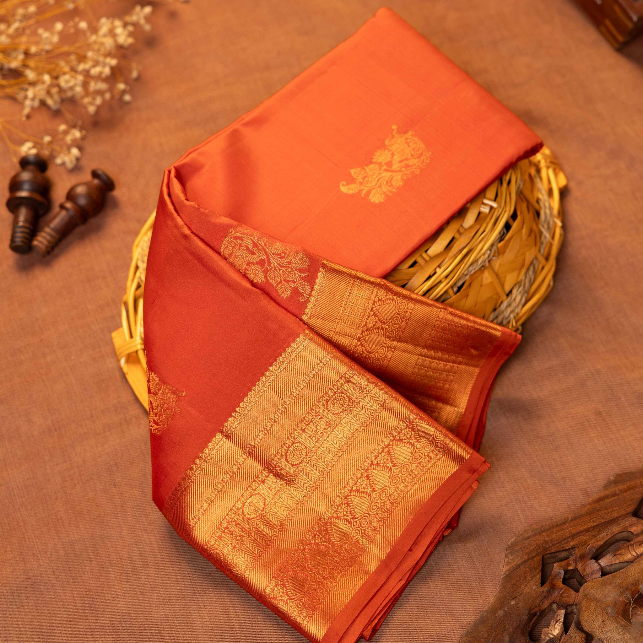 Elegant Kanchipuram Pure Silk Saree with Rich Zari Woven Border and Traditional Temple Motifs - Orange