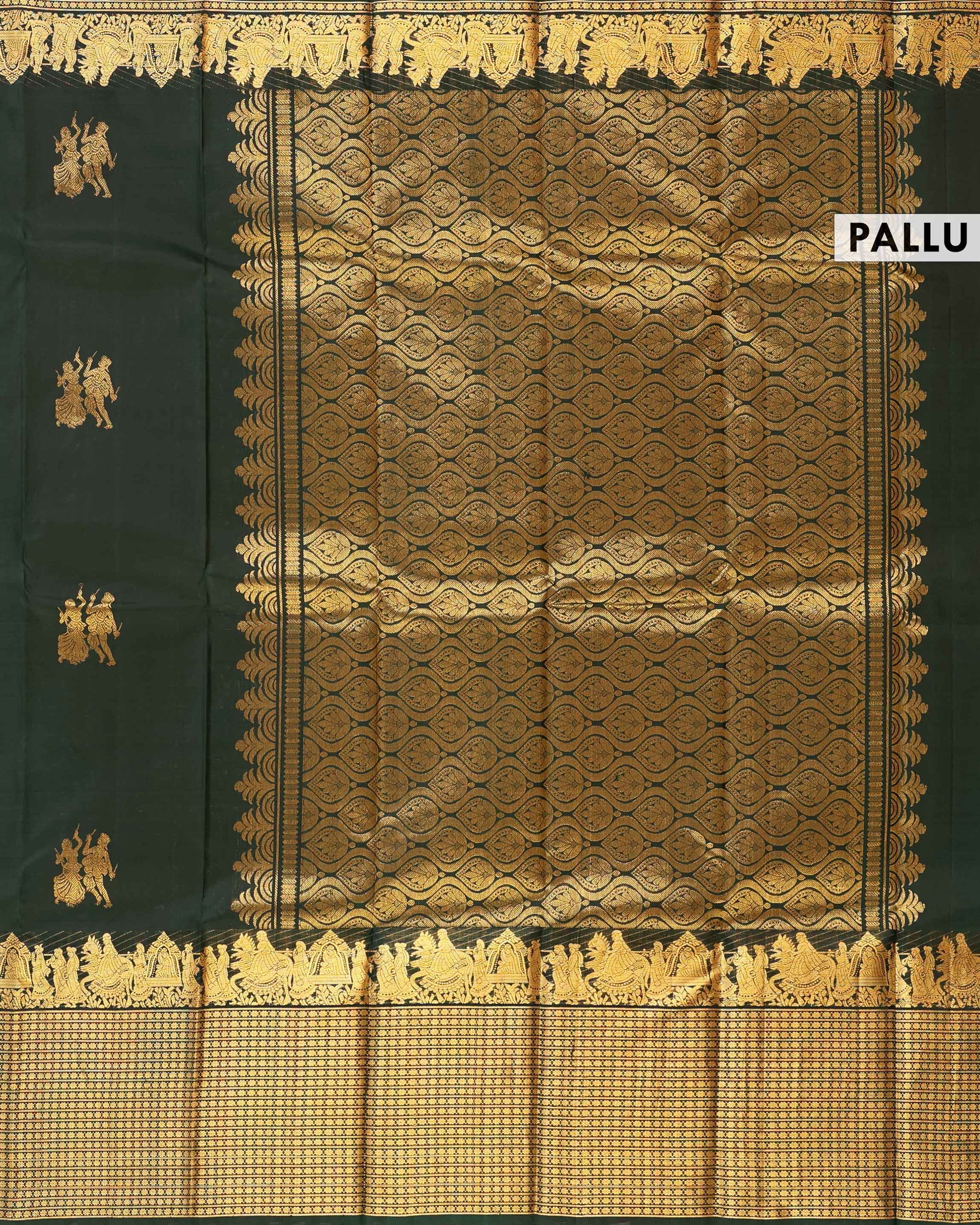 Elegant Kanchipuram Pure Silk Saree with Traditional Gold Zari Border and Motif Weave - Green-Pallu