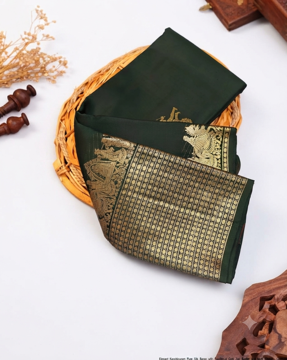 Elegant Kanchipuram Pure Silk Saree with Traditional Gold Zari Border and Motif Weave - Green