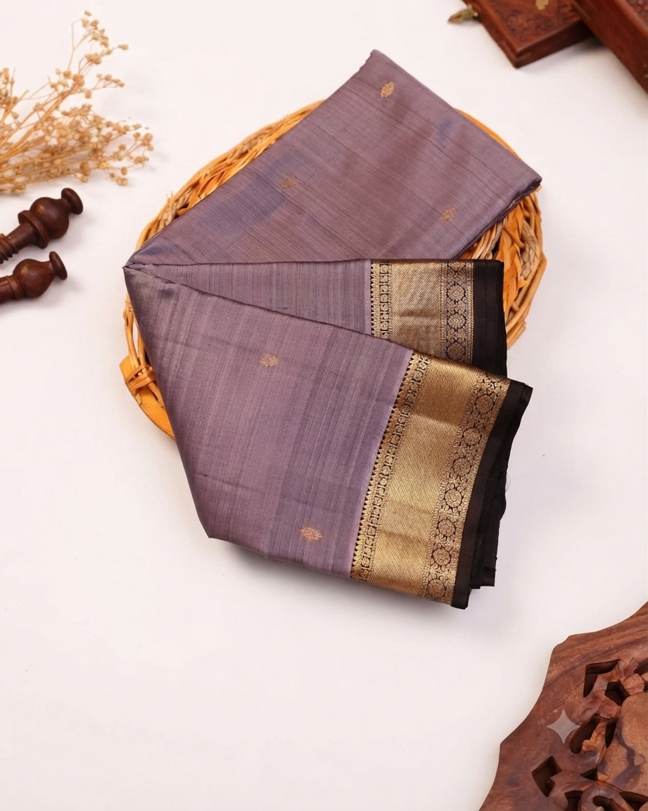 Elegant Kanchipuram Pure Silk Saree with Traditional Zari Border & Rich Pallu - Greyish Purple