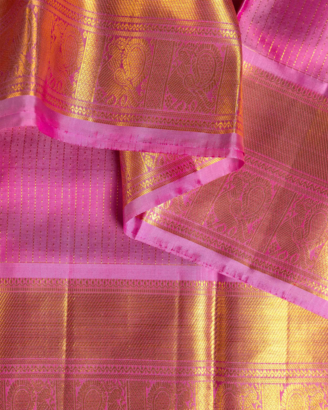 Elegant Kanchipuram Pure Silk Saree with Traditional Zari Border and Intricate Temple Motifs - Pink
