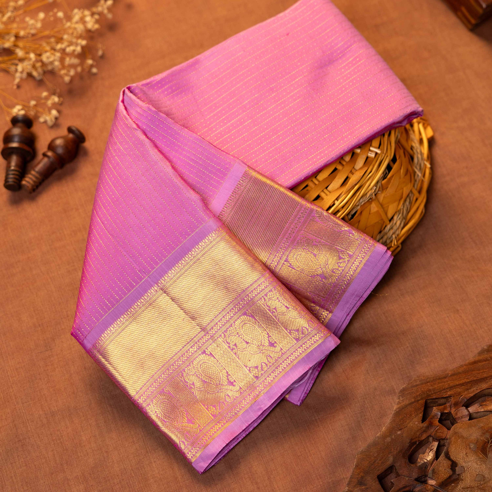 Elegant Kanchipuram Pure Silk Saree with Traditional Zari Border and Intricate Temple Motifs - Pink