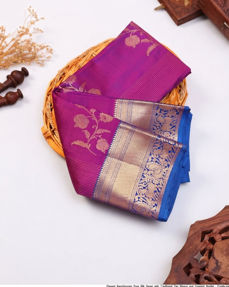 Elegant Kanchipuram Pure Silk Saree with Traditional Zari Weave and Contrast Border - Purple