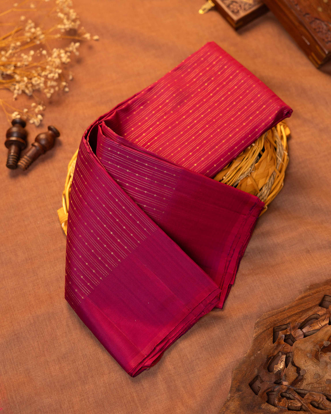Elegant Kanchipuram Pure Silk Saree with Vertical Zari Striped Weave and Minimal Classic Border Design - Maroon