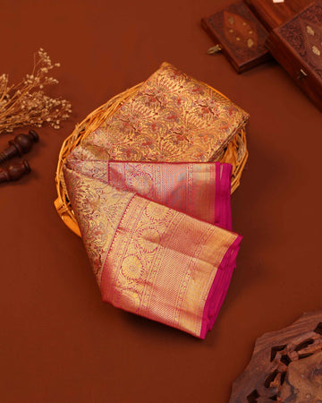 Elegant Kanchipuram Tissue Silk Saree with Floral Brocade Weaving and Rich Traditional Zari Border - Gold