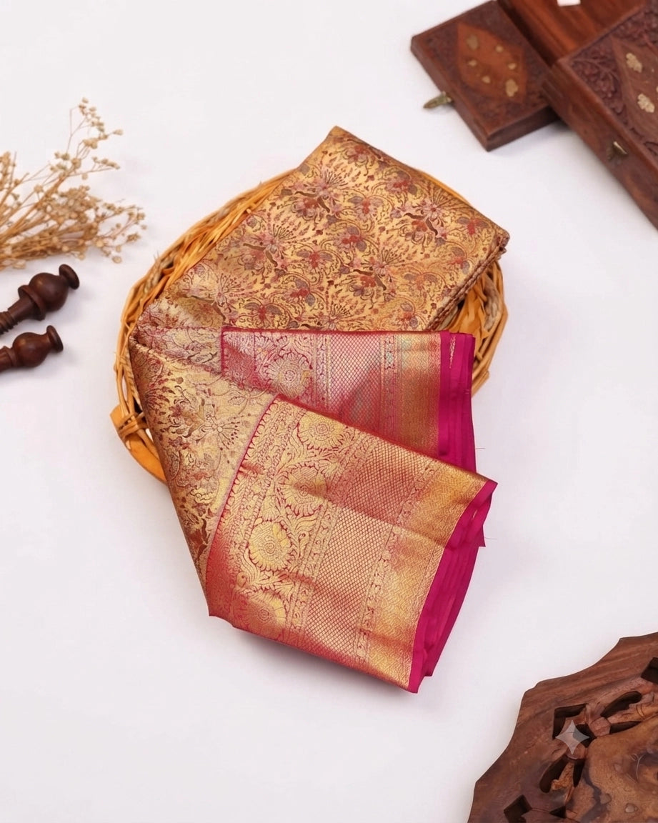 Elegant Kanchipuram Tissue Silk Saree with Floral Brocade Weaving and Rich Traditional Zari Border - Gold