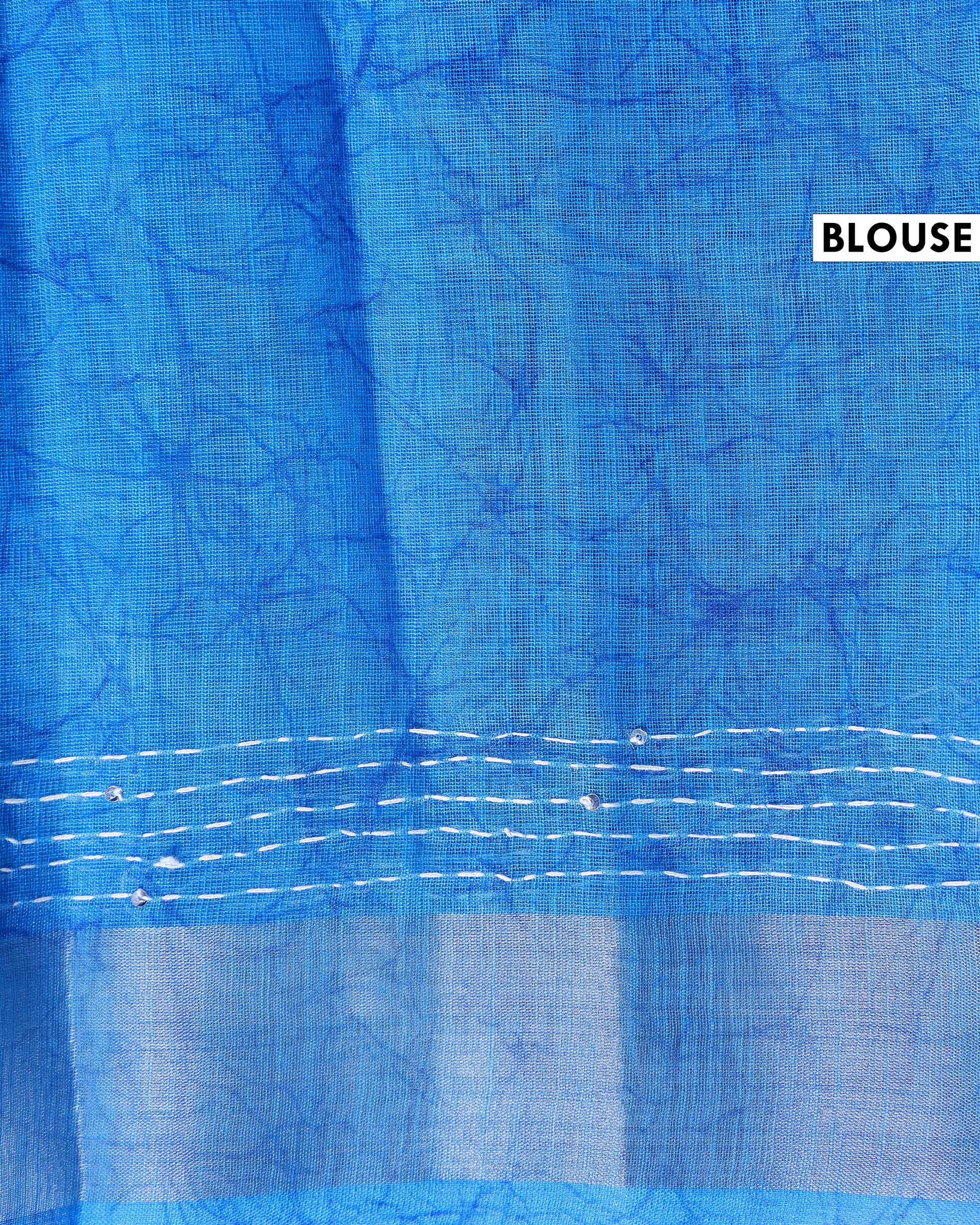 Elegant Kantha Work Saree with Floral Print and Contrasting Border - Blue