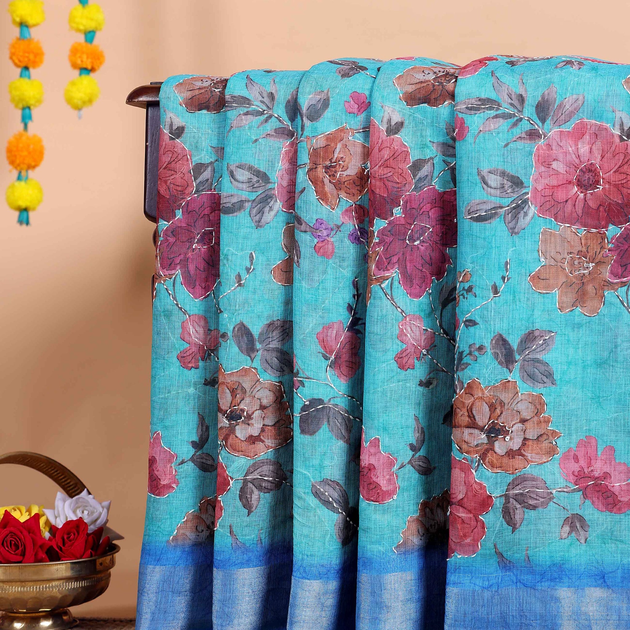 Elegant Kantha Work Saree with Floral Print and Contrasting Border - Blue