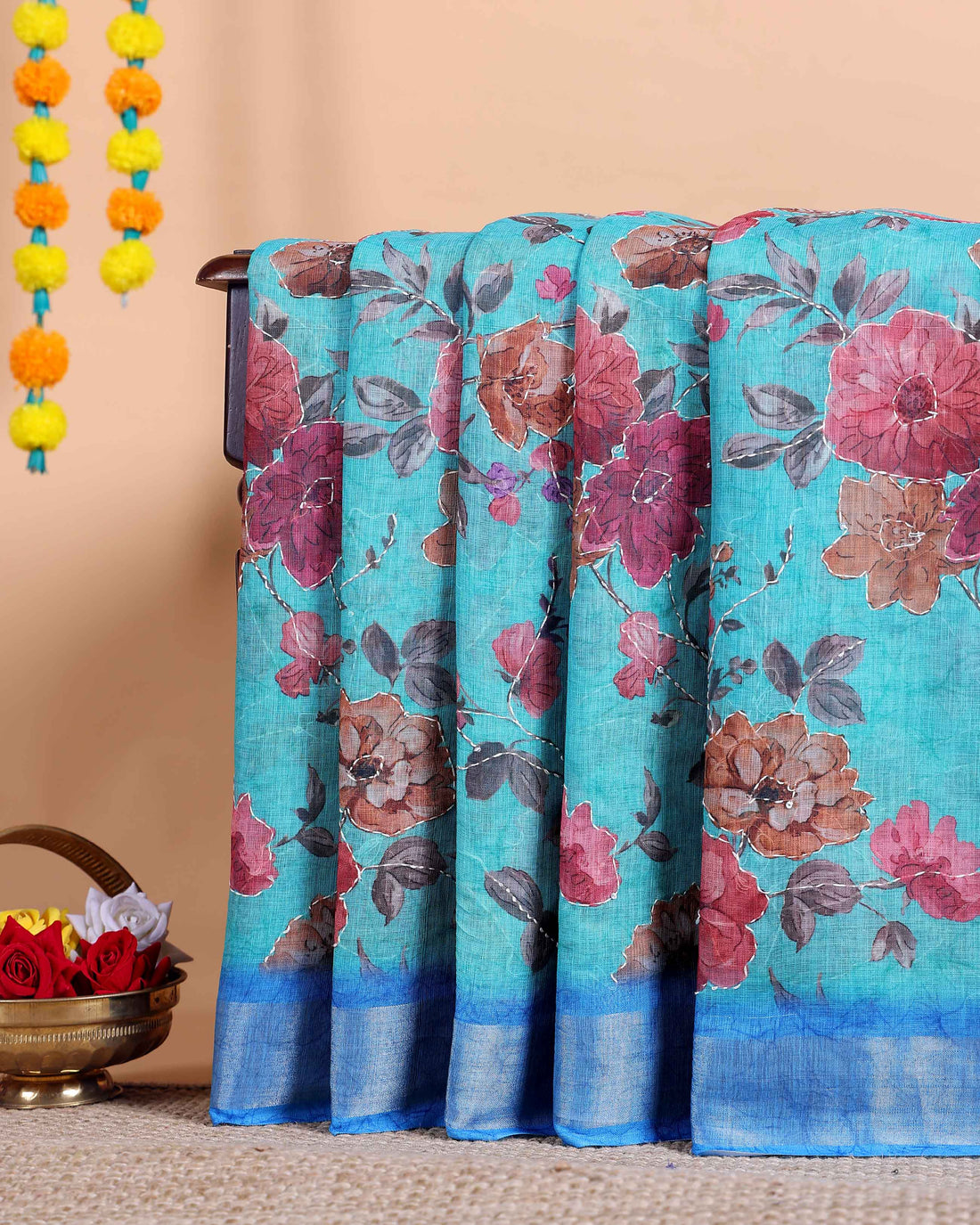 Elegant Kantha Work Saree with Floral Print and Contrasting Border - Blue