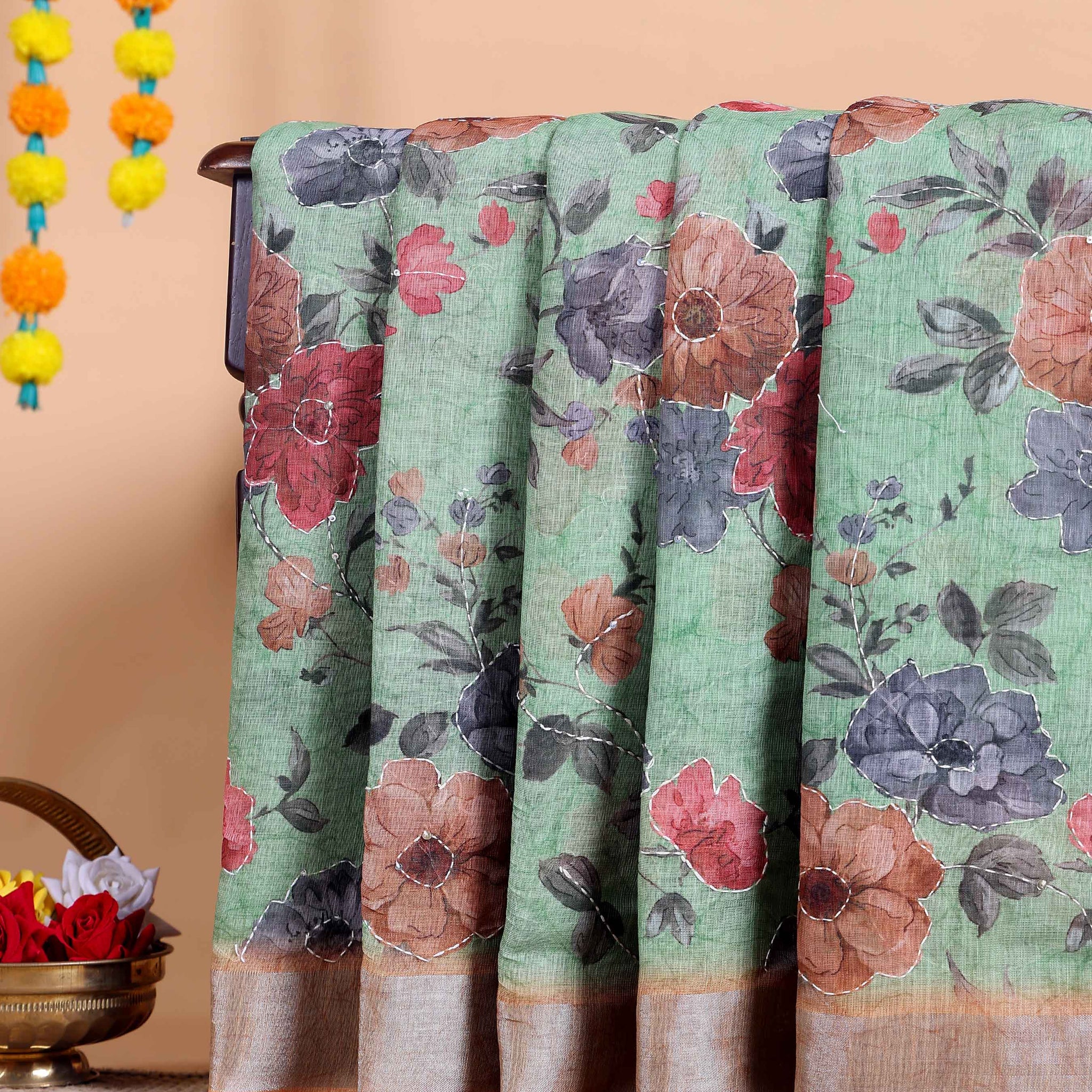 Elegant Kantha Work Saree with Floral Print and Contrasting Border - Green