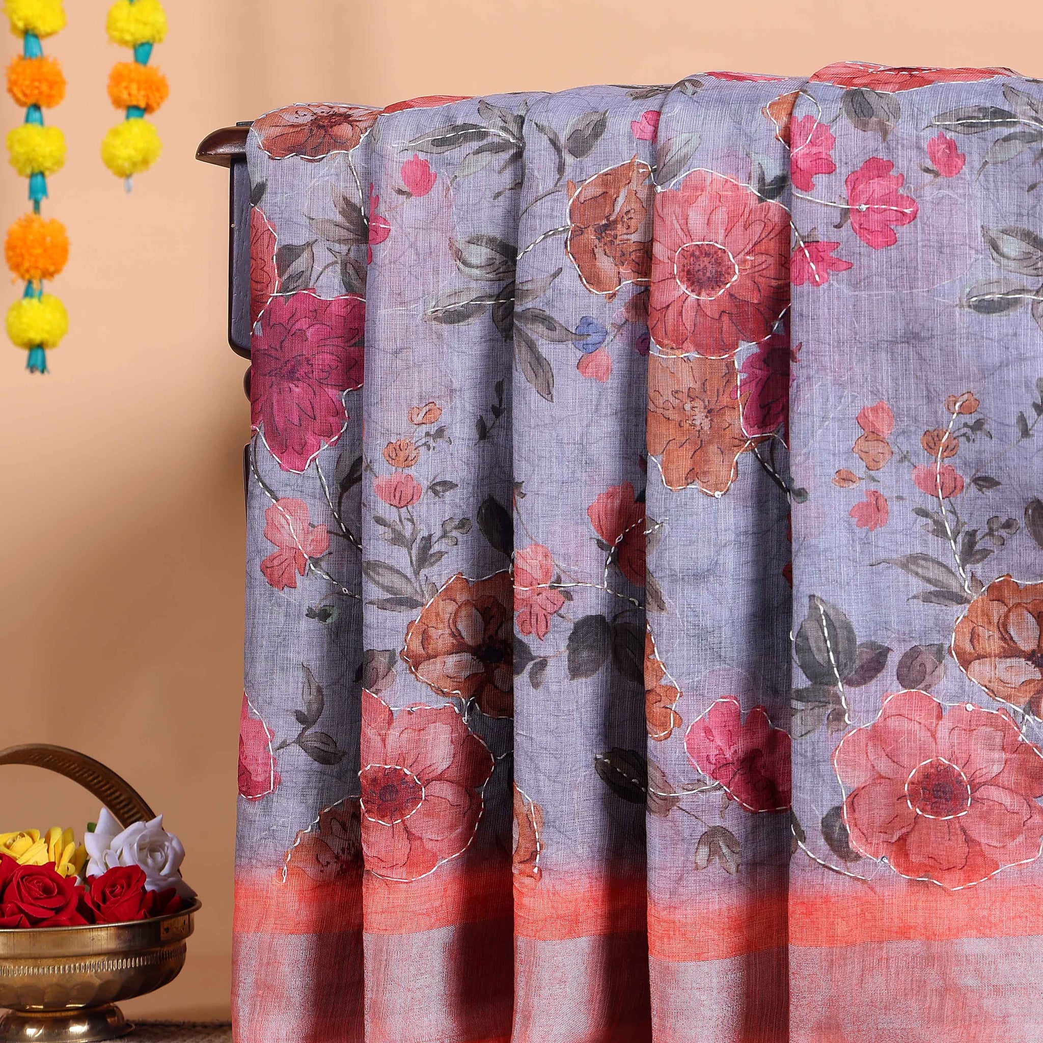 Elegant Kantha Work Saree with Floral Print and Contrasting Border - Grey