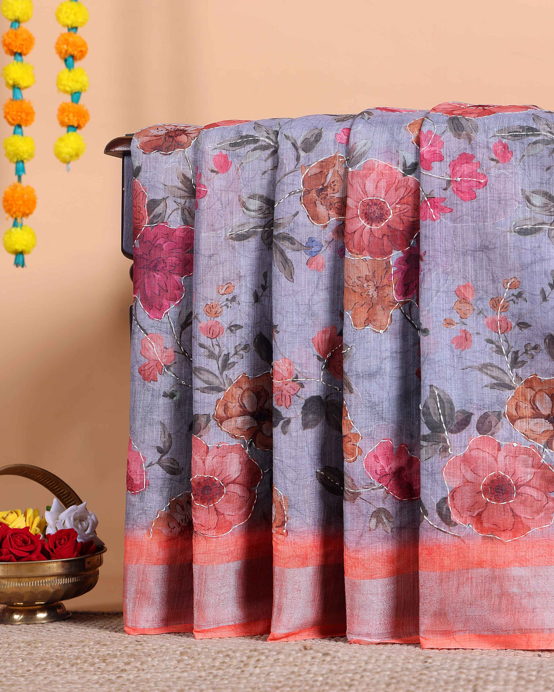 Elegant Kantha Work Saree with Floral Print and Contrasting Border - Grey