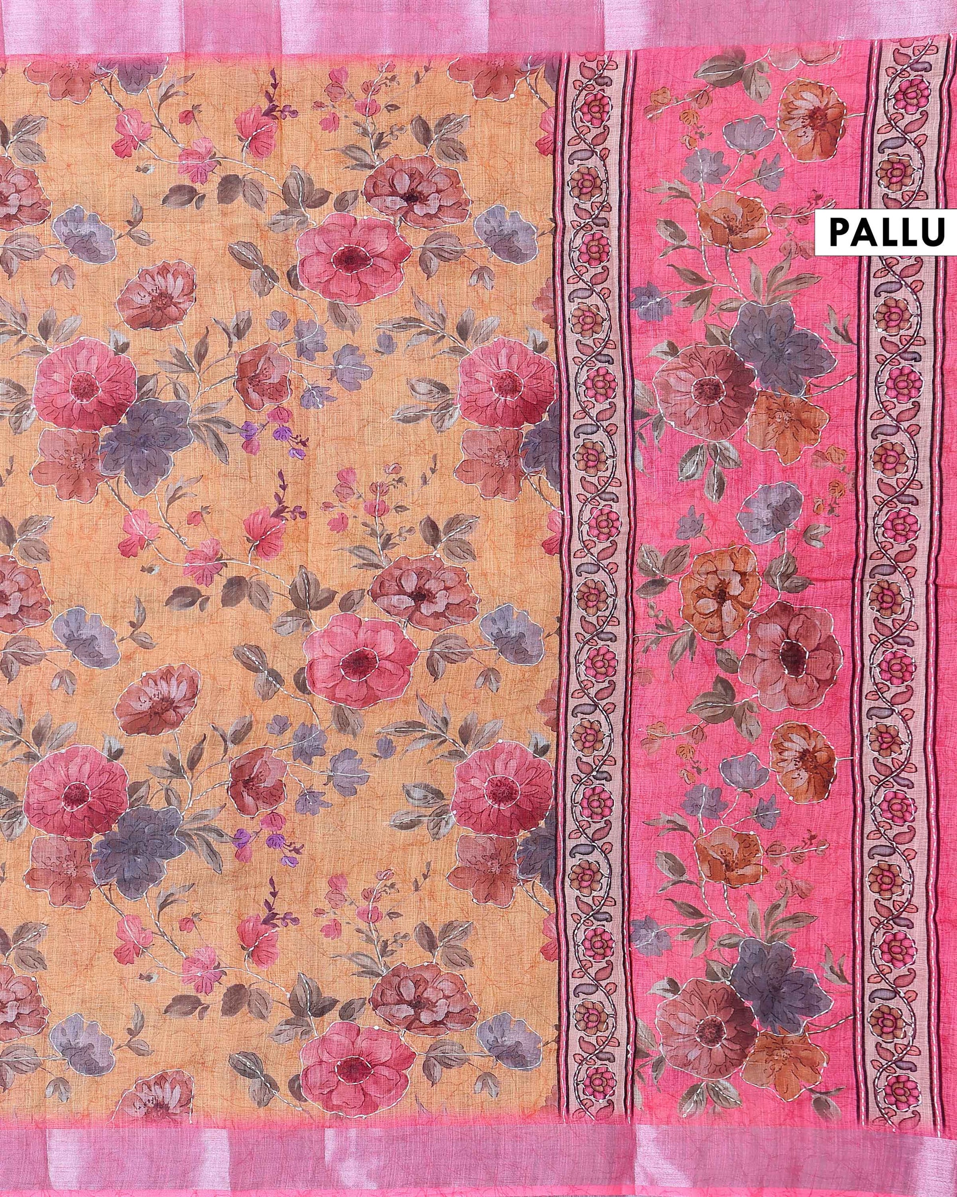 Elegant Kantha Work Saree with Floral Print and Contrasting Border - Orange