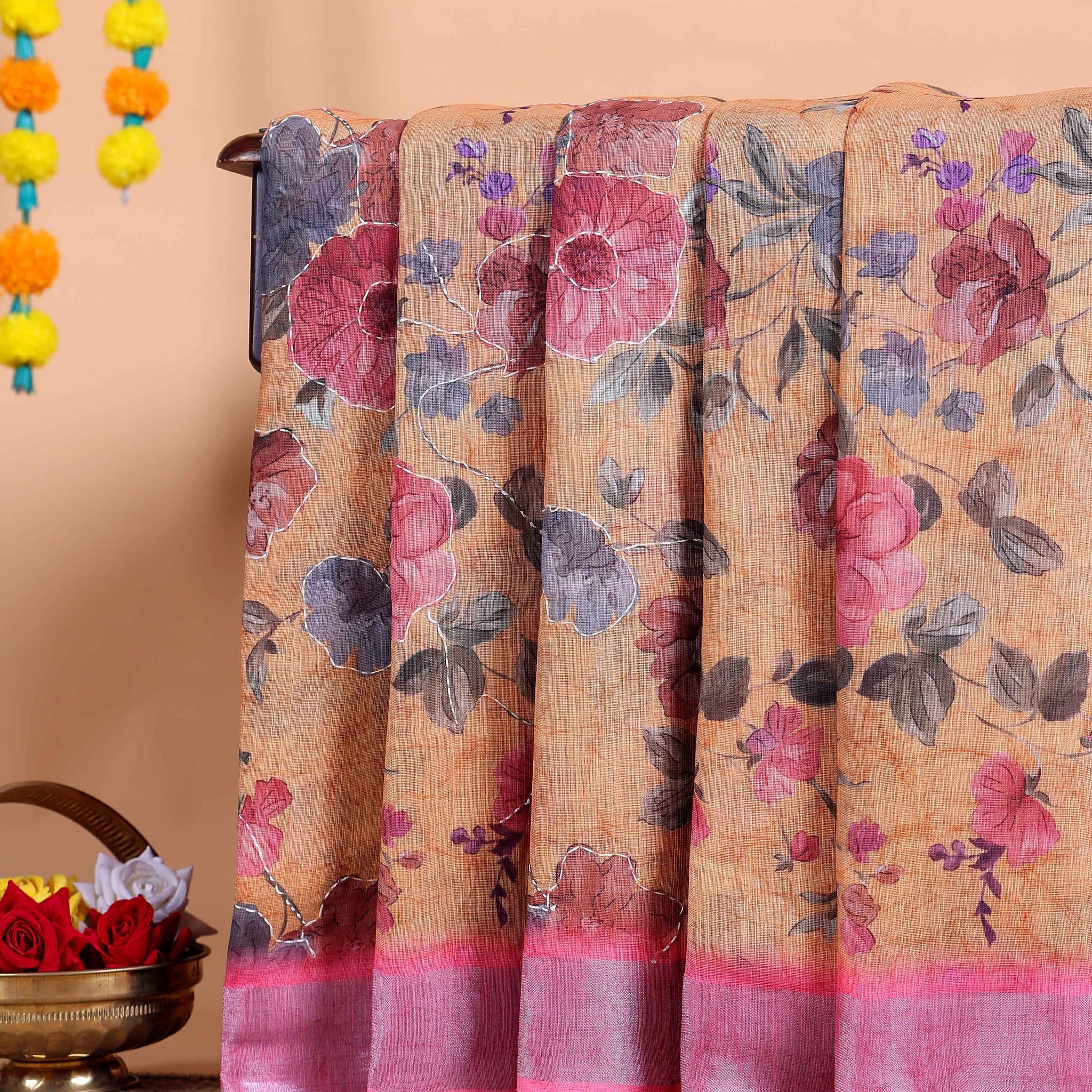 Elegant Kantha Work Saree with Floral Print and Contrasting Border - Orange