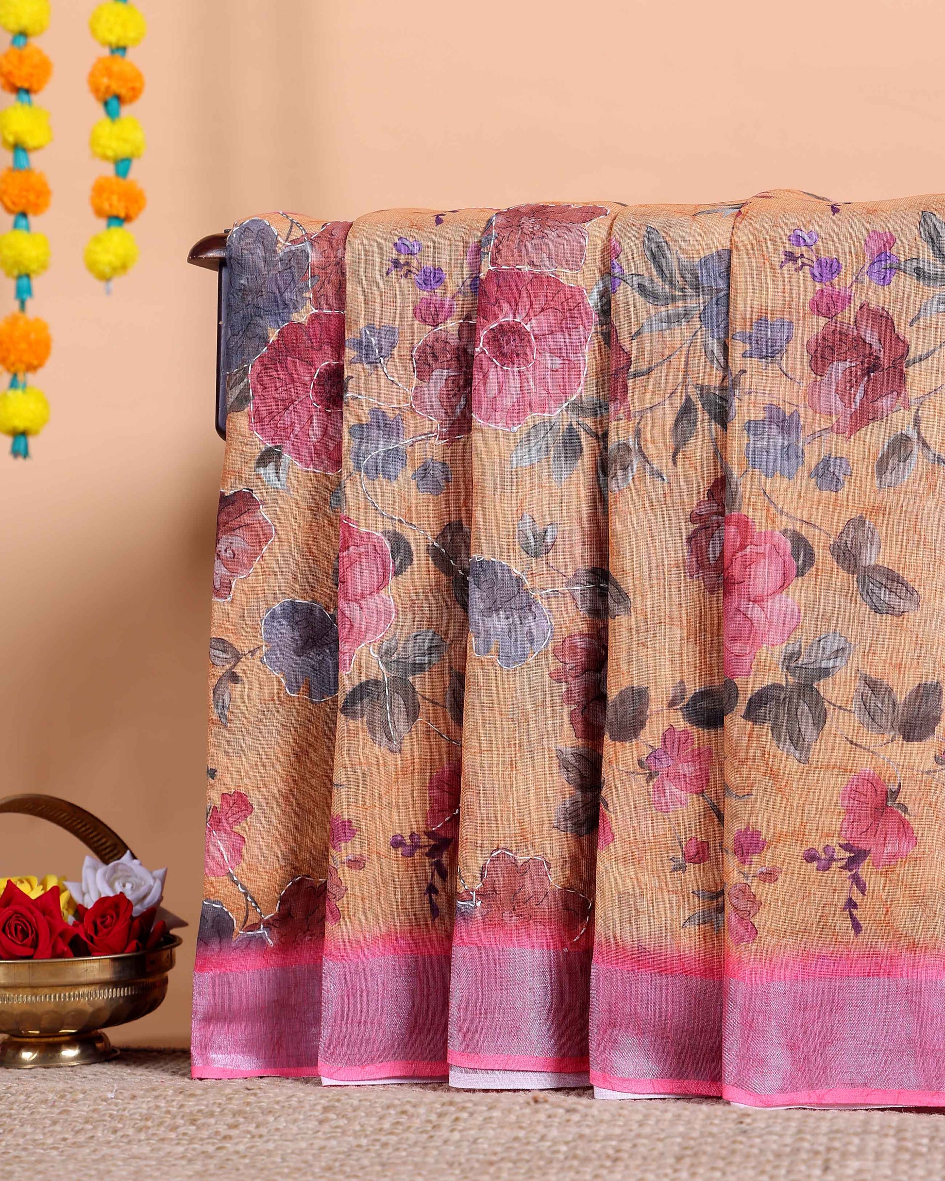 Elegant Kantha Work Saree with Floral Print and Contrasting Border - Orange