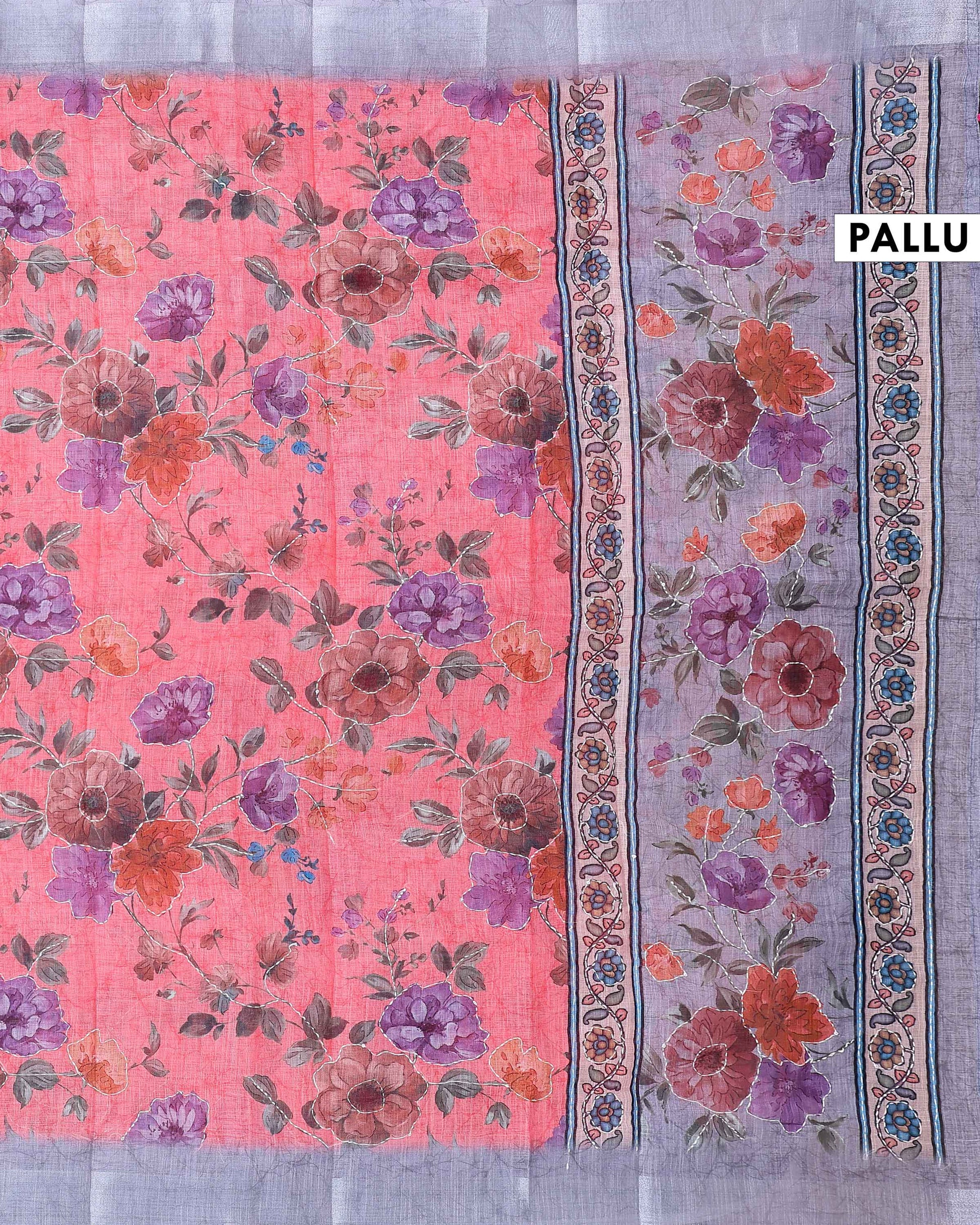 Elegant Kantha Work Saree with Floral Print and Contrasting Border - Peach