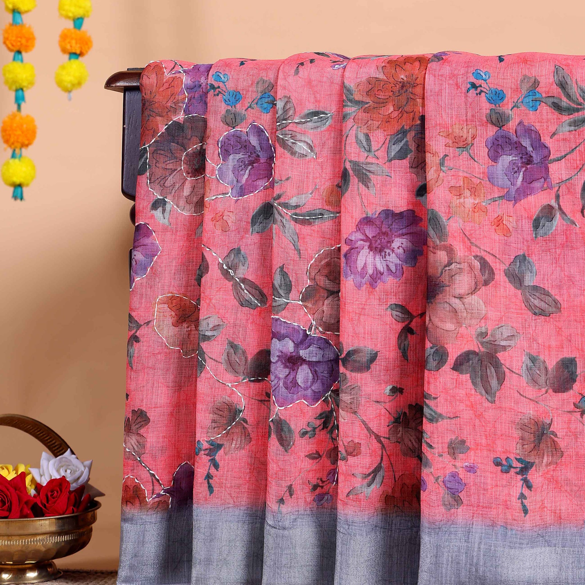 Elegant Kantha Work Saree with Floral Print and Contrasting Border - Peach