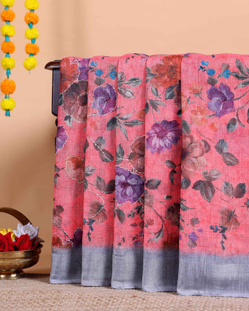 Elegant Kantha Work Saree with Floral Print and Contrasting Border - Peach