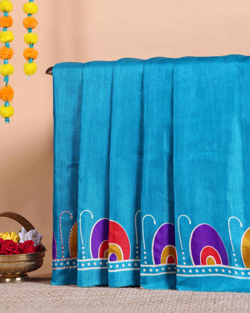 Elegant Kantha Work Saree with Intricate Handcrafted Border and Traditional Motif Detailing - Blue