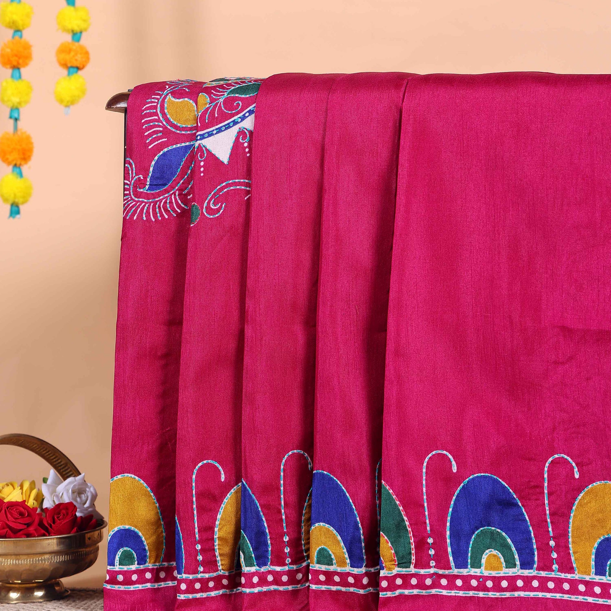 Elegant Kantha Work Saree with Intricate Handcrafted Border and Traditional Motif Detailing - Magenta