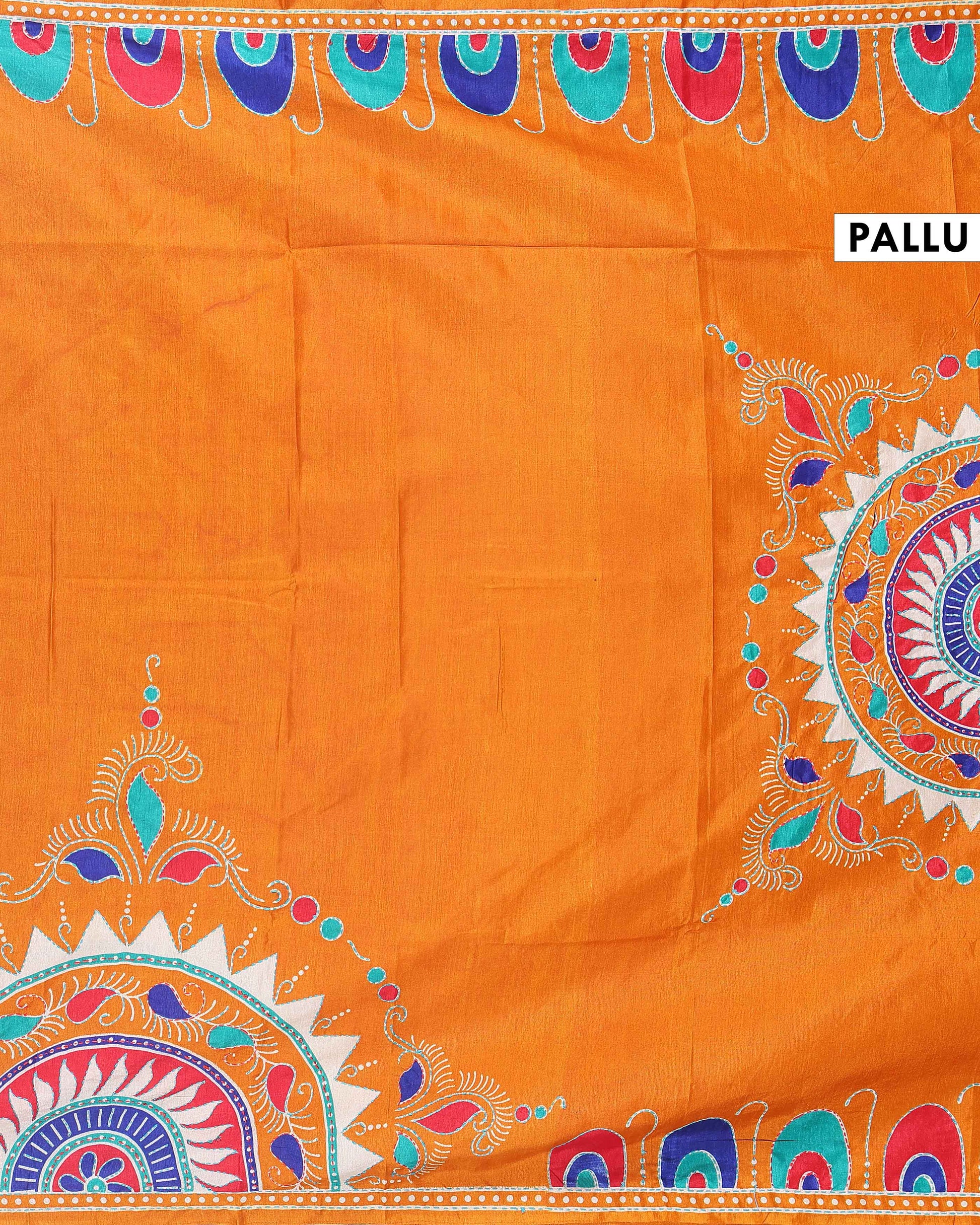 Elegant Kantha Work Saree with Intricate Handcrafted Border and Traditional Motif Detailing - Orange