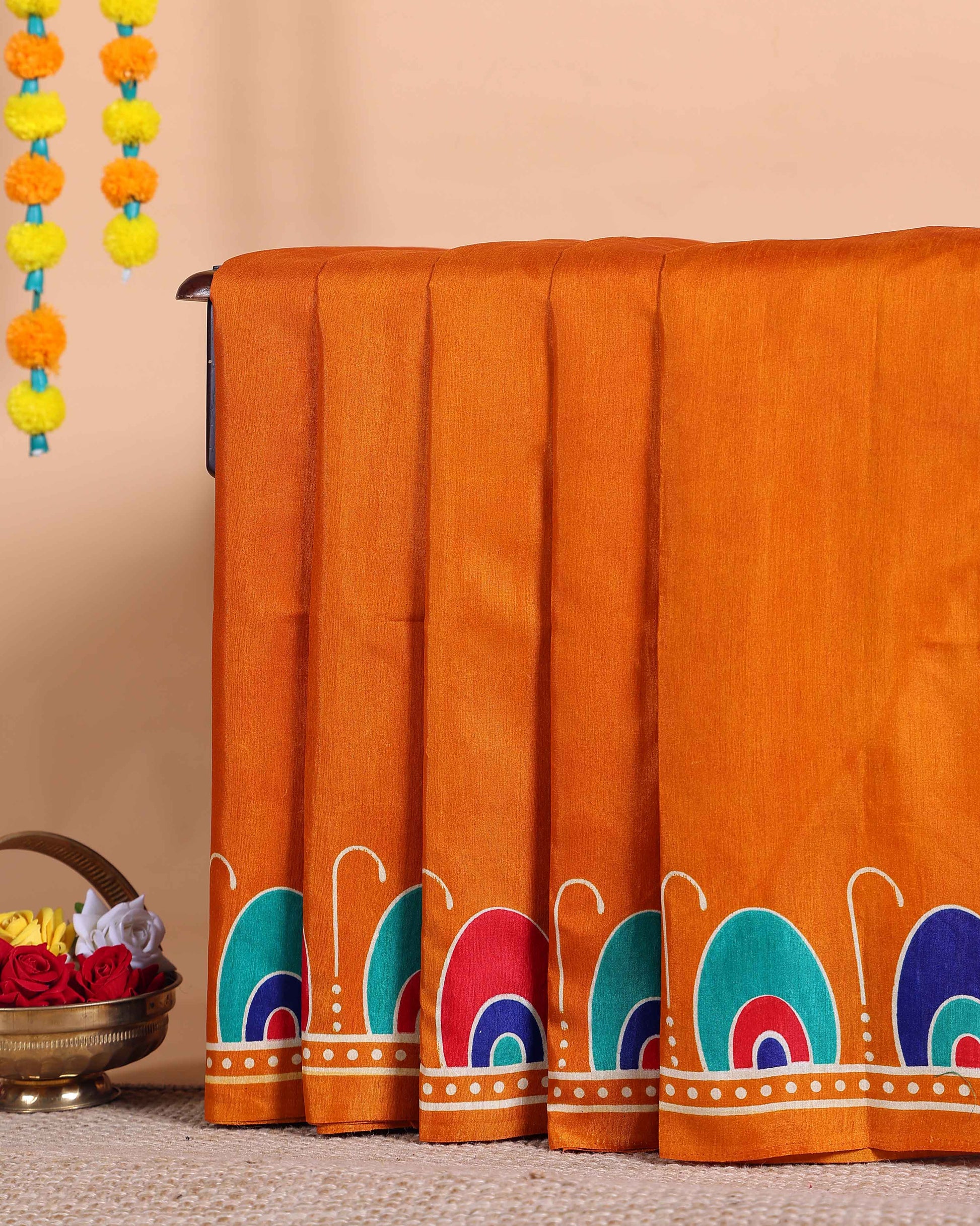 Elegant Kantha Work Saree with Intricate Handcrafted Border and Traditional Motif Detailing - Orange