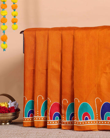 Elegant Kantha Work Saree with Intricate Handcrafted Border and Traditional Motif Detailing - Orange