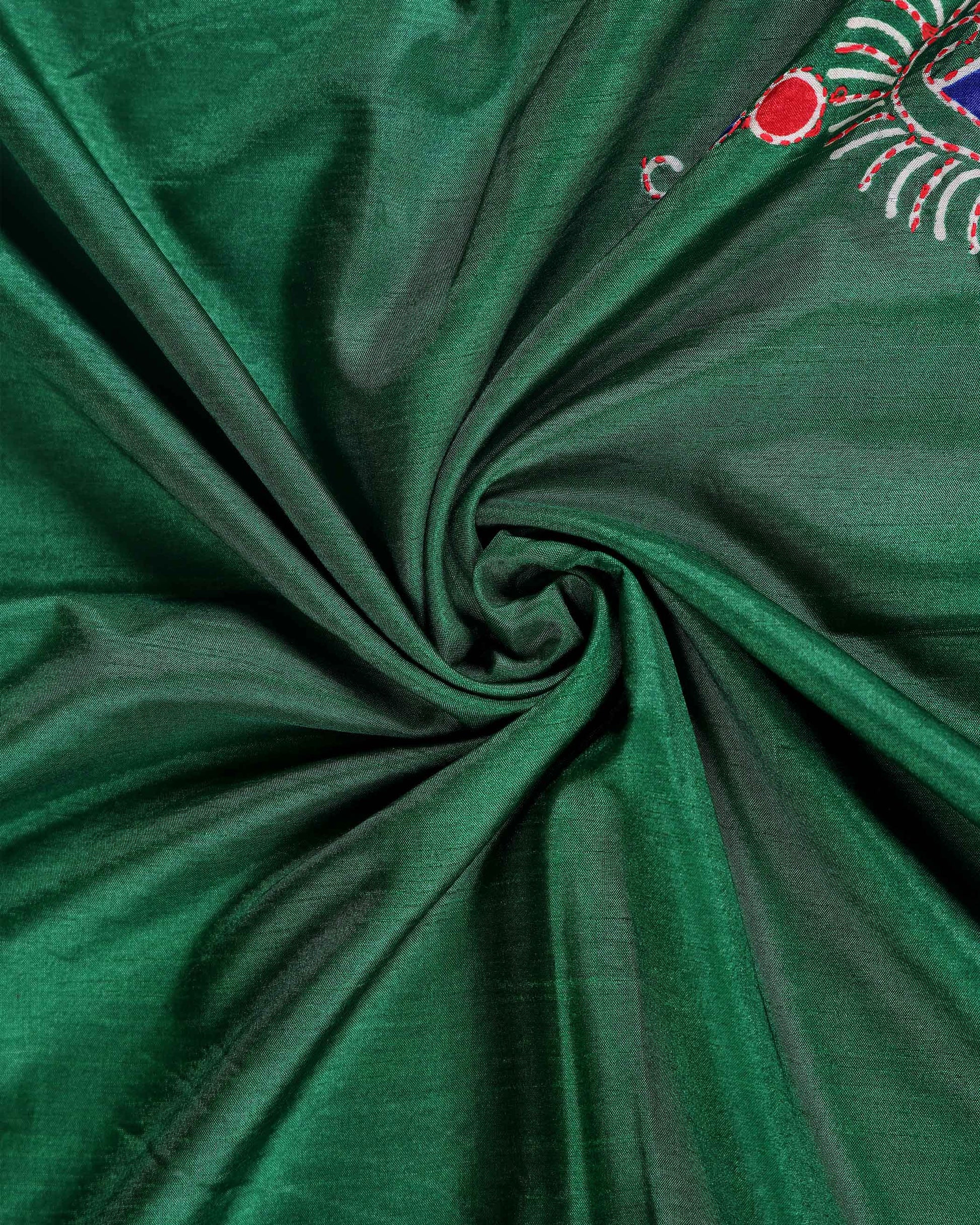 Elegant Kantha Work Silk Saree with Intricate Handcrafted Border and Traditional Motif Detailing - Green