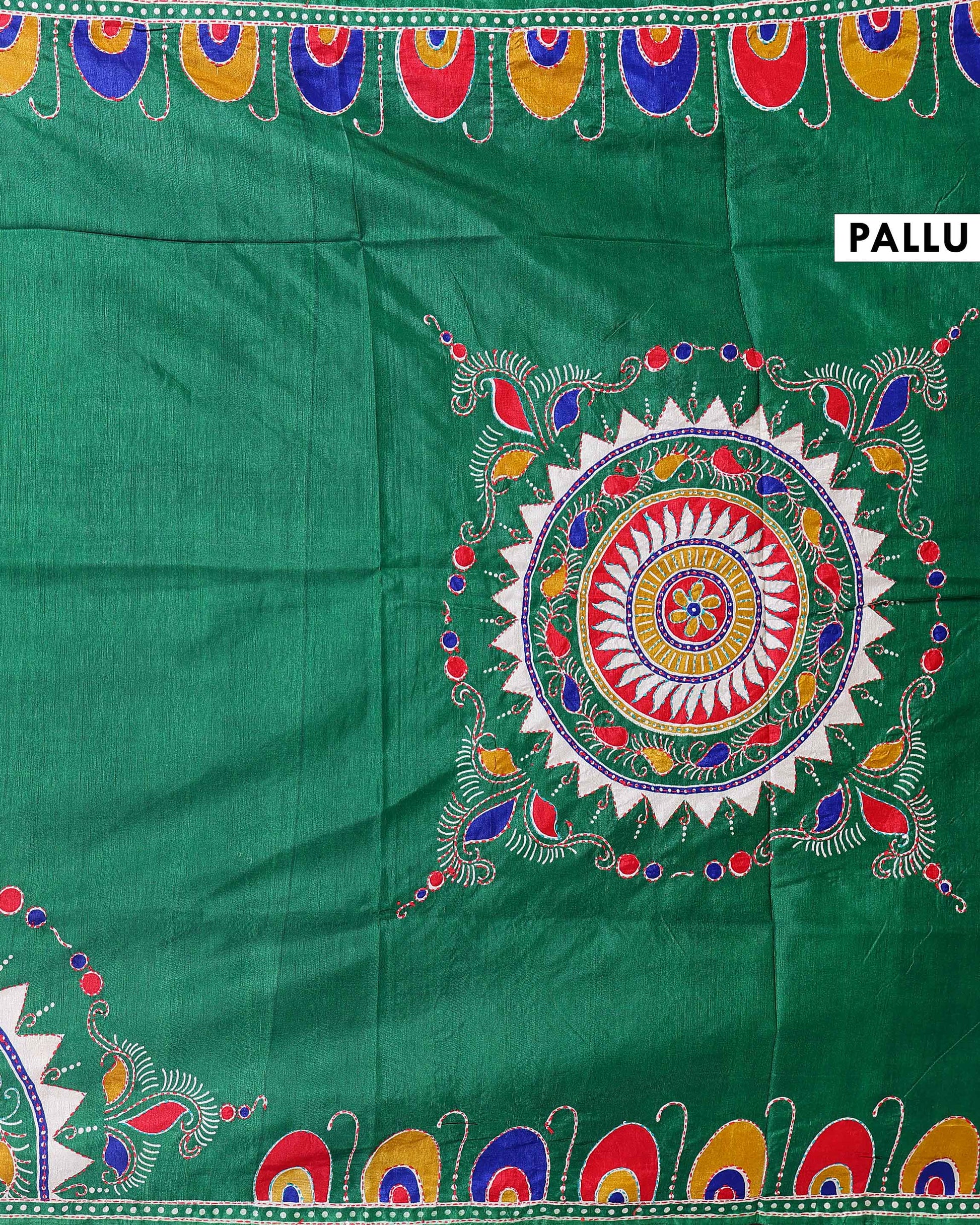 Elegant Kantha Work Silk Saree with Intricate Handcrafted Border and Traditional Motif Detailing - Green
