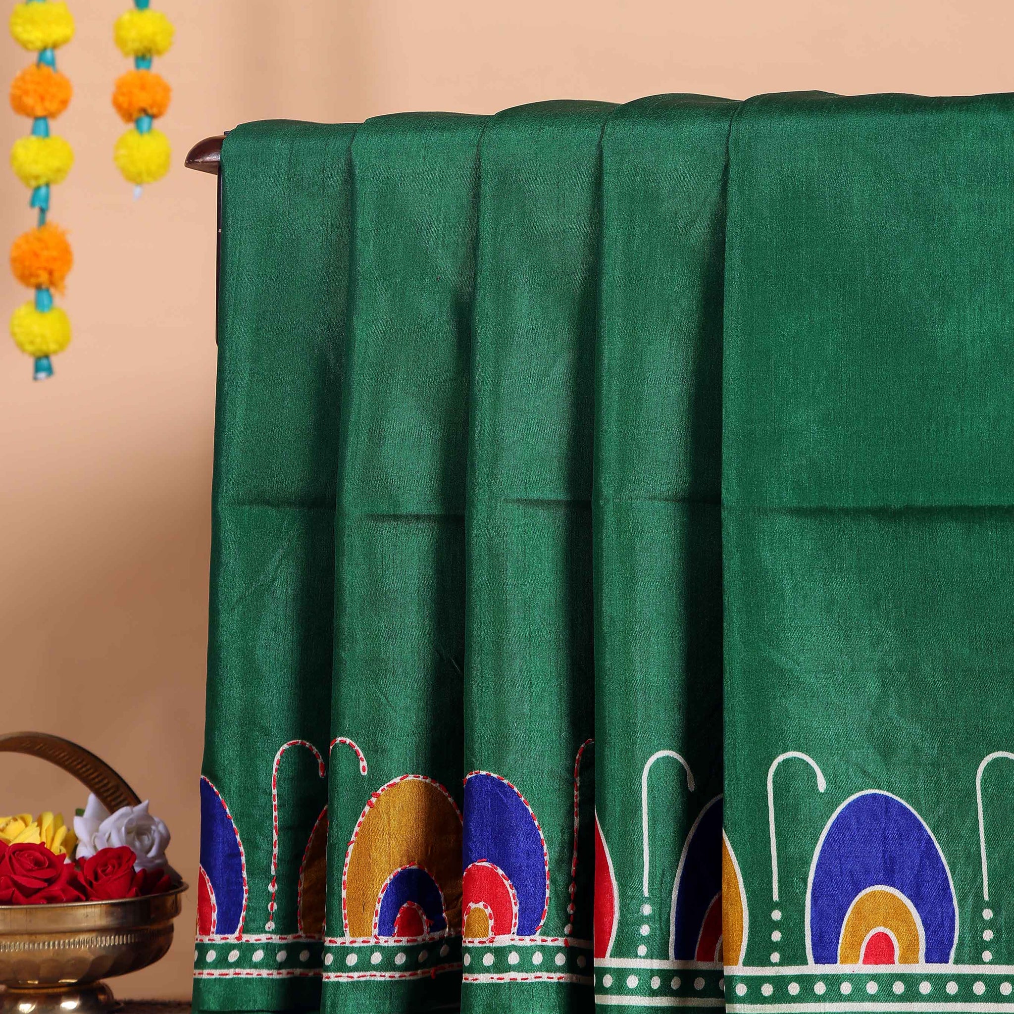 Elegant Kantha Work Silk Saree with Intricate Handcrafted Border and Traditional Motif Detailing - Green