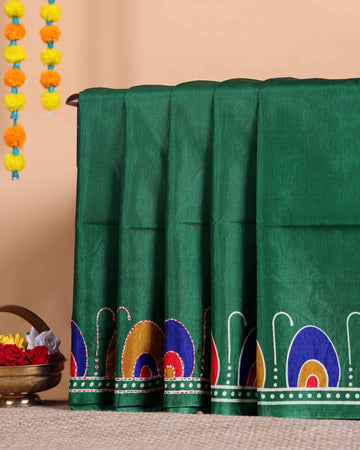 Elegant Kantha Work Silk Saree with Intricate Handcrafted Border and Traditional Motif Detailing - Green