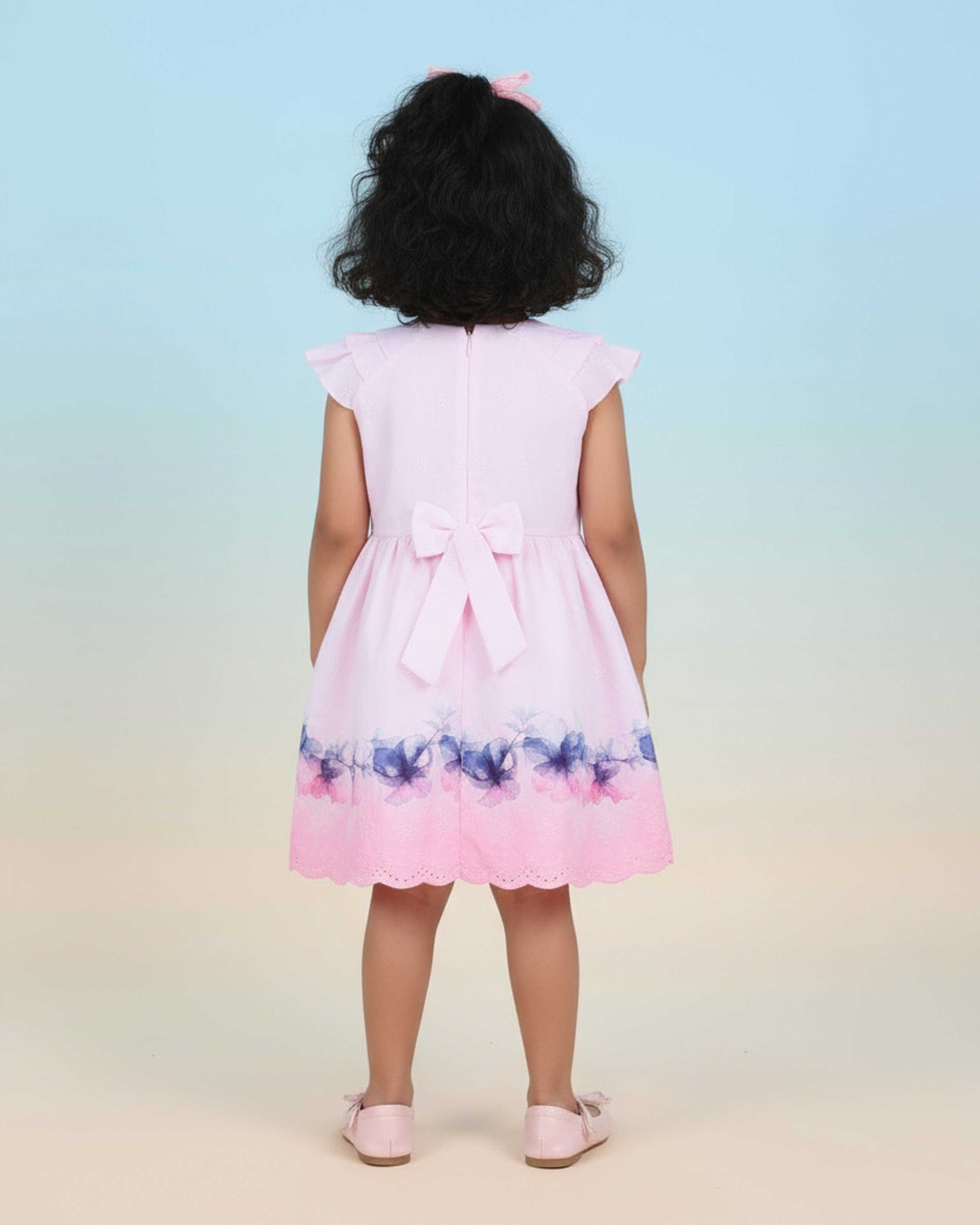 Elegant Kids' Floral Print & Bow Detail Dress with Scalloped Trim - Pink-Back