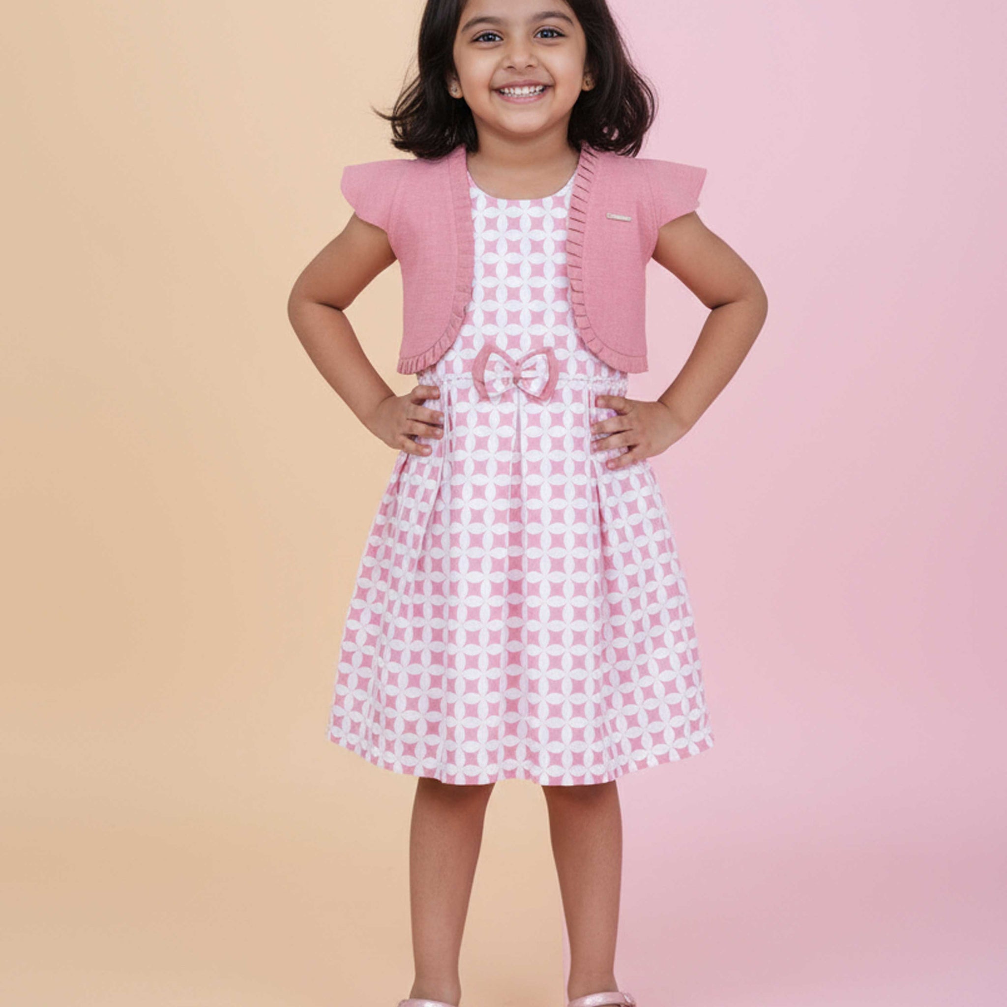 Elegant Kids' Party Wear Frock with Shrug and Bow Detail - Pink