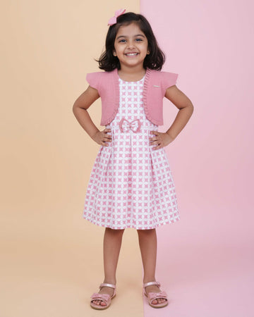 Elegant Kids' Party Wear Frock with Shrug and Bow Detail - Pink
